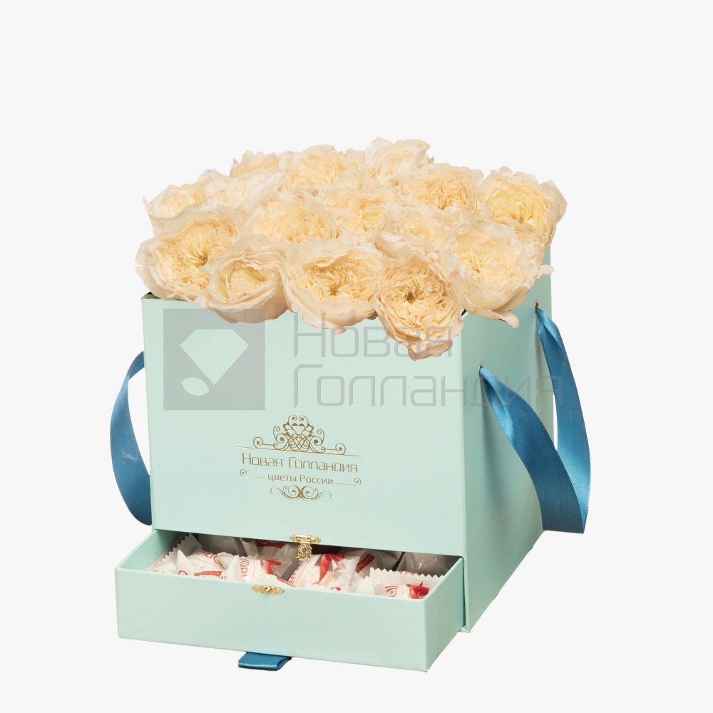 15 белых пионовидных роз Премиум в коробке шкатулке Тиффани рафаэлло в подарок №397