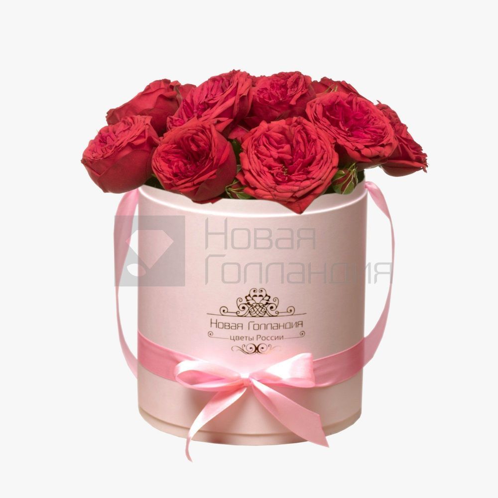 11 красных пионовидных роз Премиум в розовой шляпной коробке №357