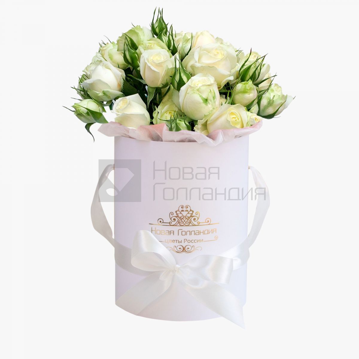 Белые пионовидные розы в маленькой белой шляпной коробке №713