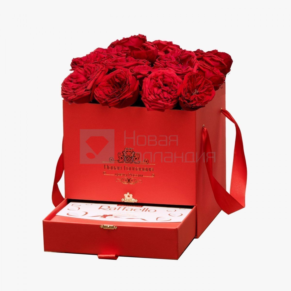 15 красных пионовидных роз Премиум в красной коробке шкатулке рафаэлло в подарок №377