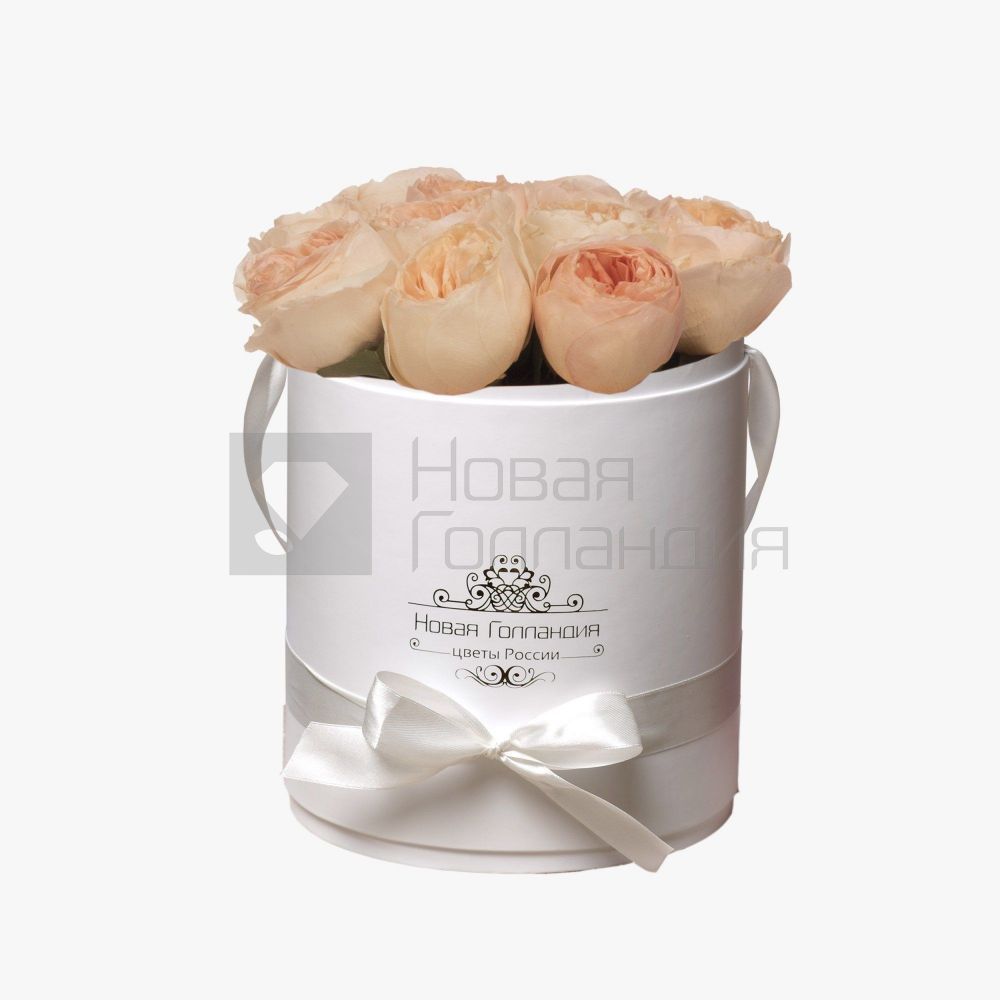 11 персиковых пионовидных роз Премиум в белой шляпной коробке №360