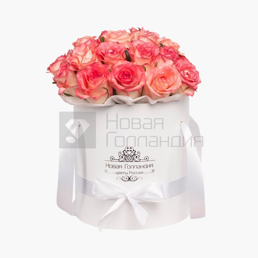 25 розовых роз Джумелия в белой шляпной коробке №162