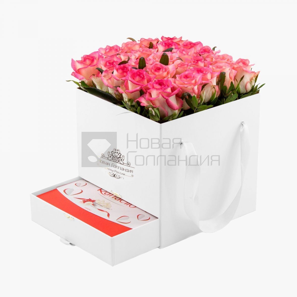 Белая коробка шкатулка 25 розовых роз Raffaello в подарок №380