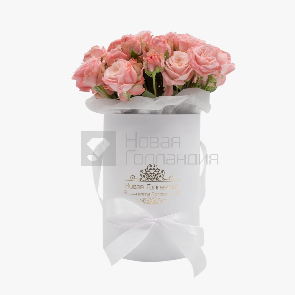 9 розовых пионовидных роз в маленькой белой шляпной коробке № 811 NEW