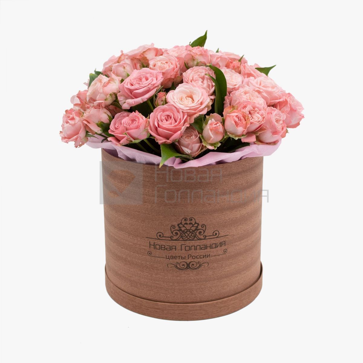 11 розовых пионовидных роз в деревянной шляпной коробке № 810 NEW