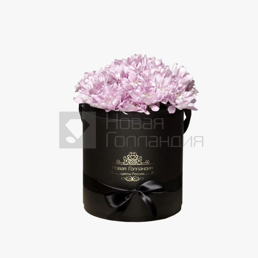 Розовые хризантемы в черной шляпной коробке №84