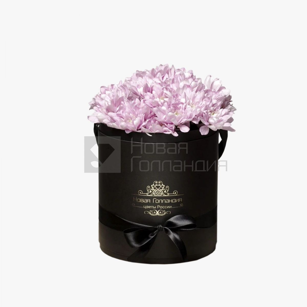Розовые хризантемы в черной шляпной коробке №84