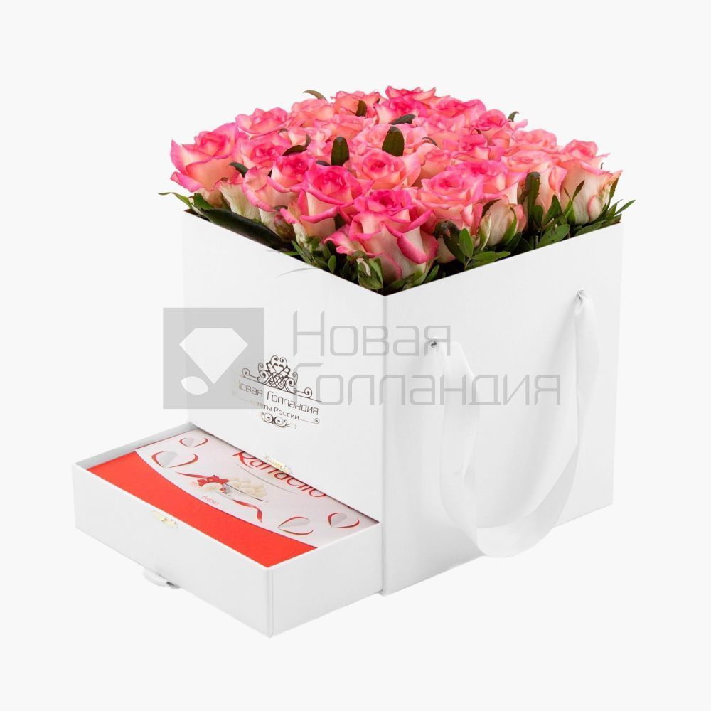 Белая коробка шкатулка 25 розовых роз Джумелия Raffaello в подарок №679