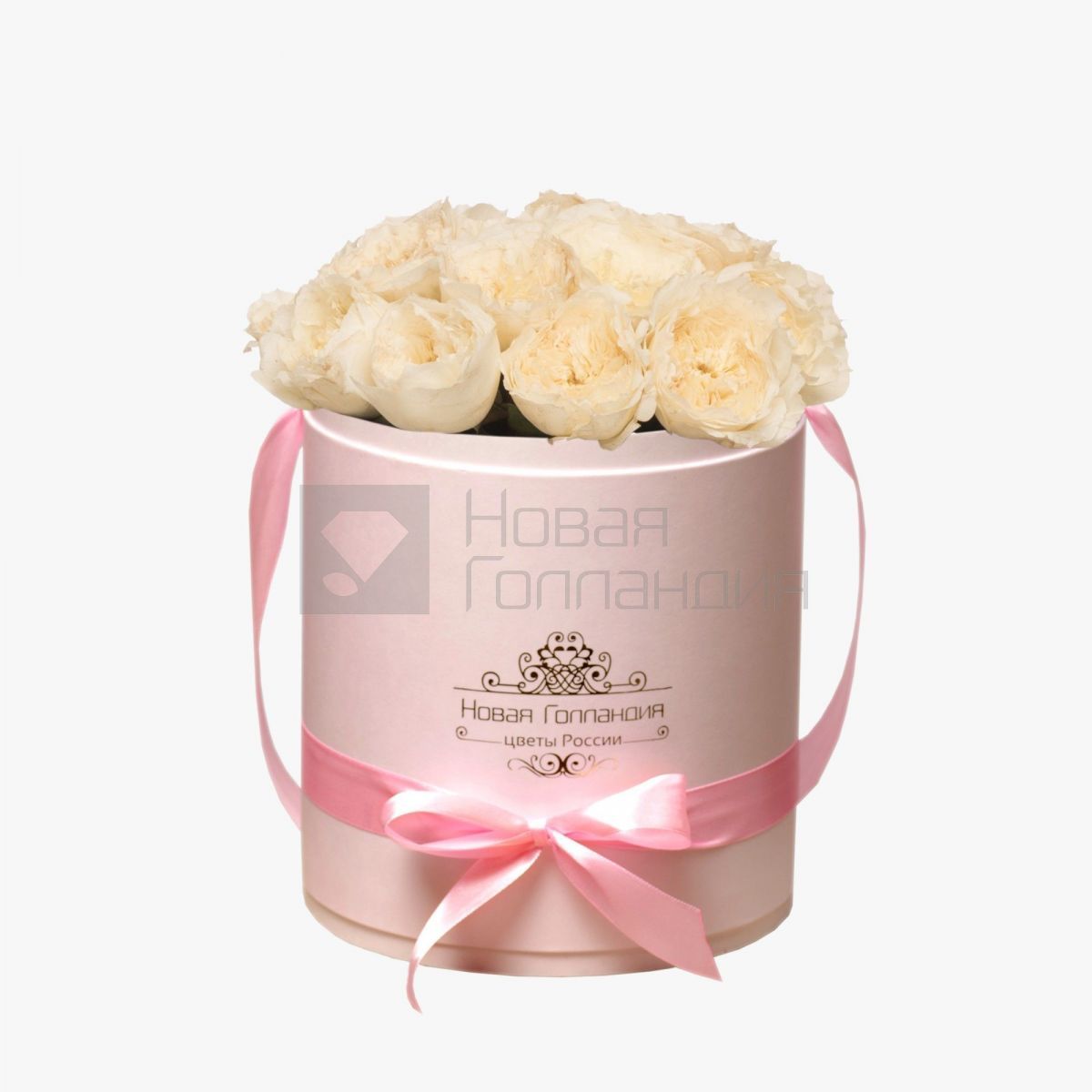 11 белых пионовидных роз Премиум в розовой шляпной коробке №368