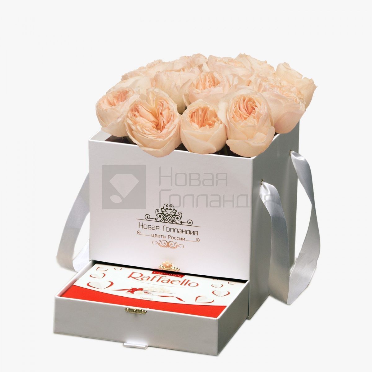 15 персиковых пионовидных роз Премиум в белой коробке шкатулке рафаэлло в подарок №374