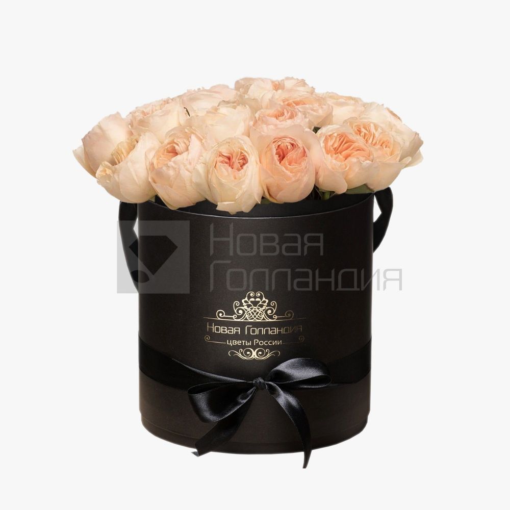 19 персиковых пионовидных роз премиум в большой черной шляпной коробке №345