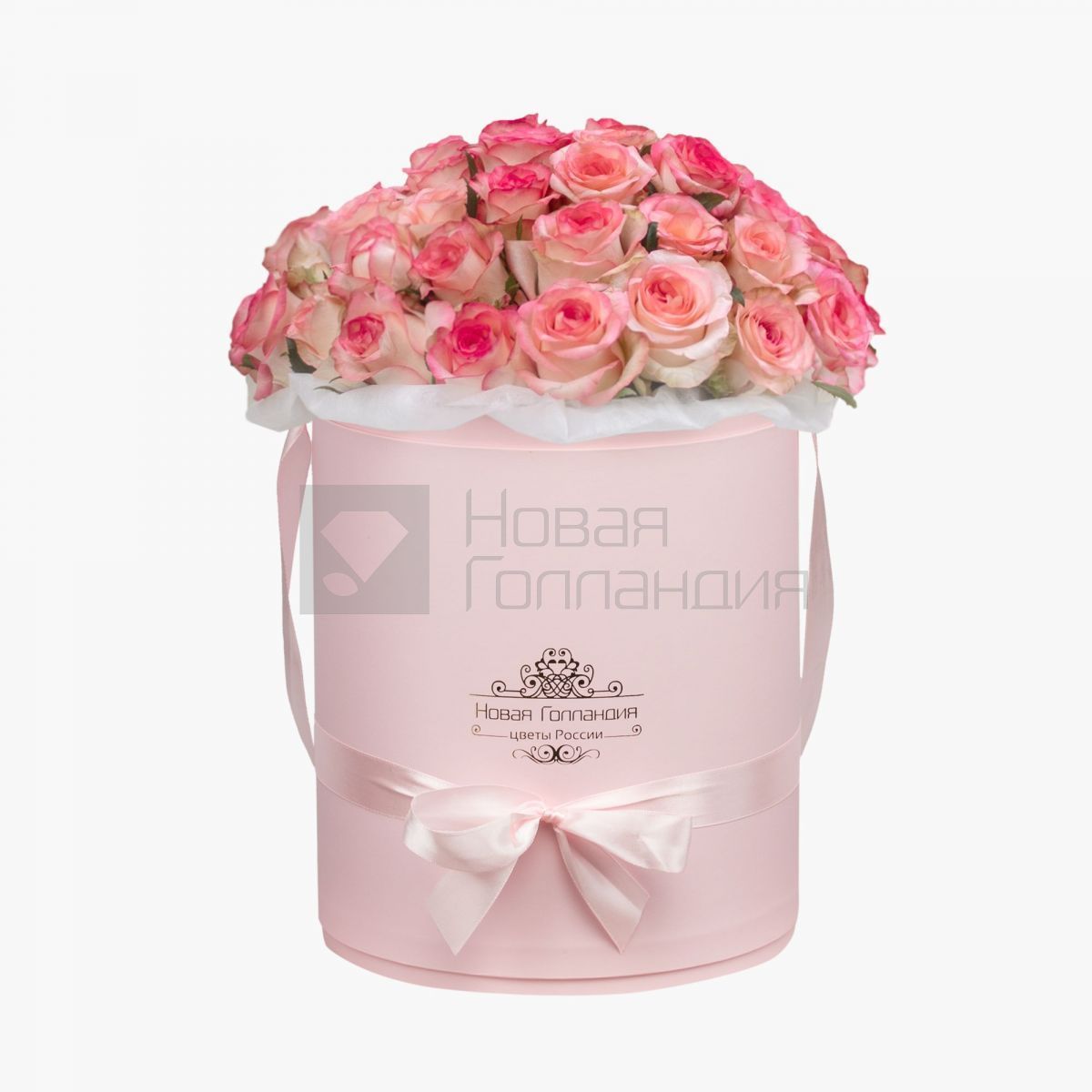 51 розовая роза Джумелия в большой розовой шляпной коробке №611