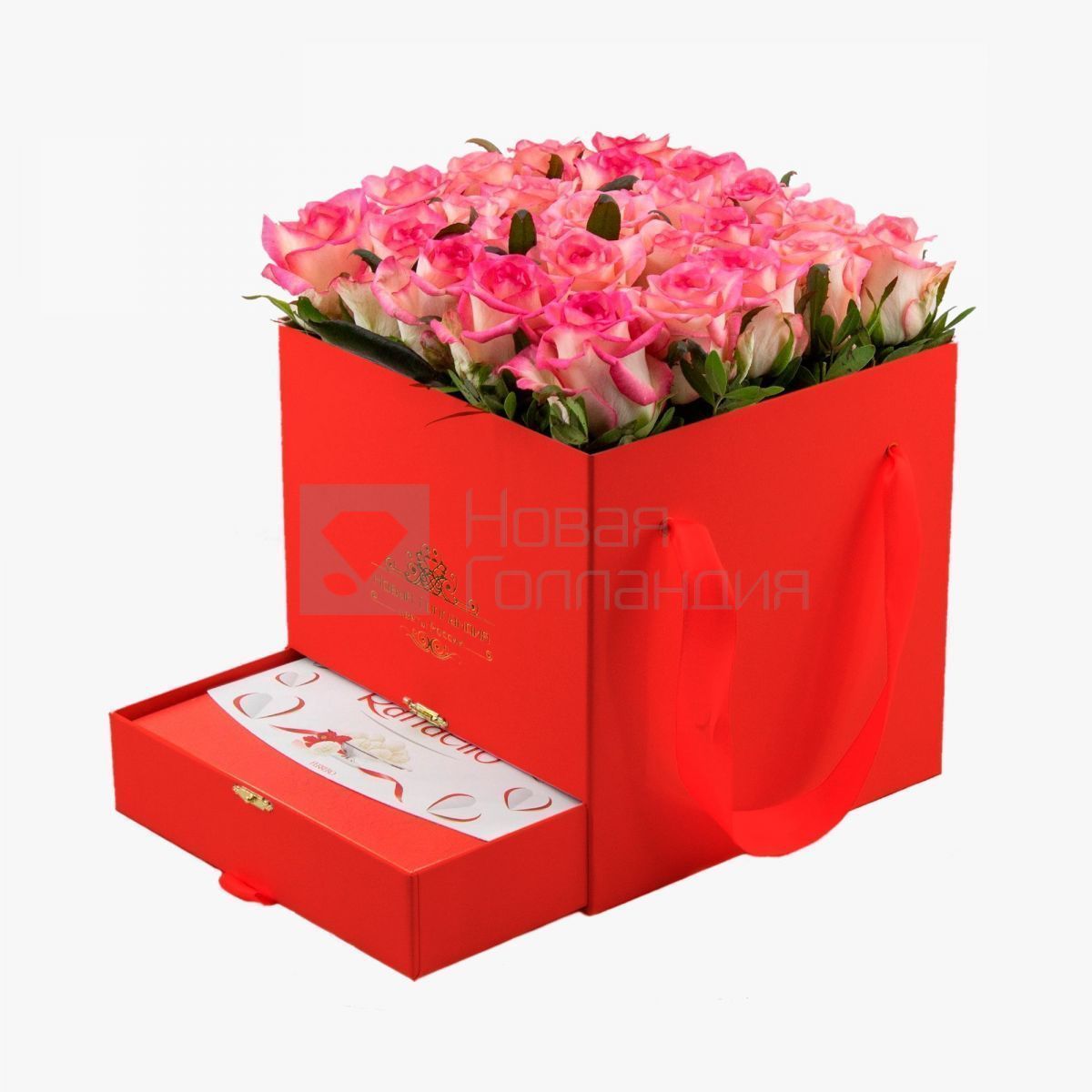 Красная коробка шкатулка 25 розовых роз Raffaello в подарок №381