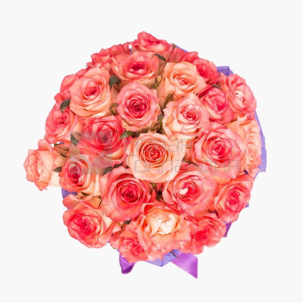 25 розовых роз Джумелия в сиреневой шляпной коробке №160