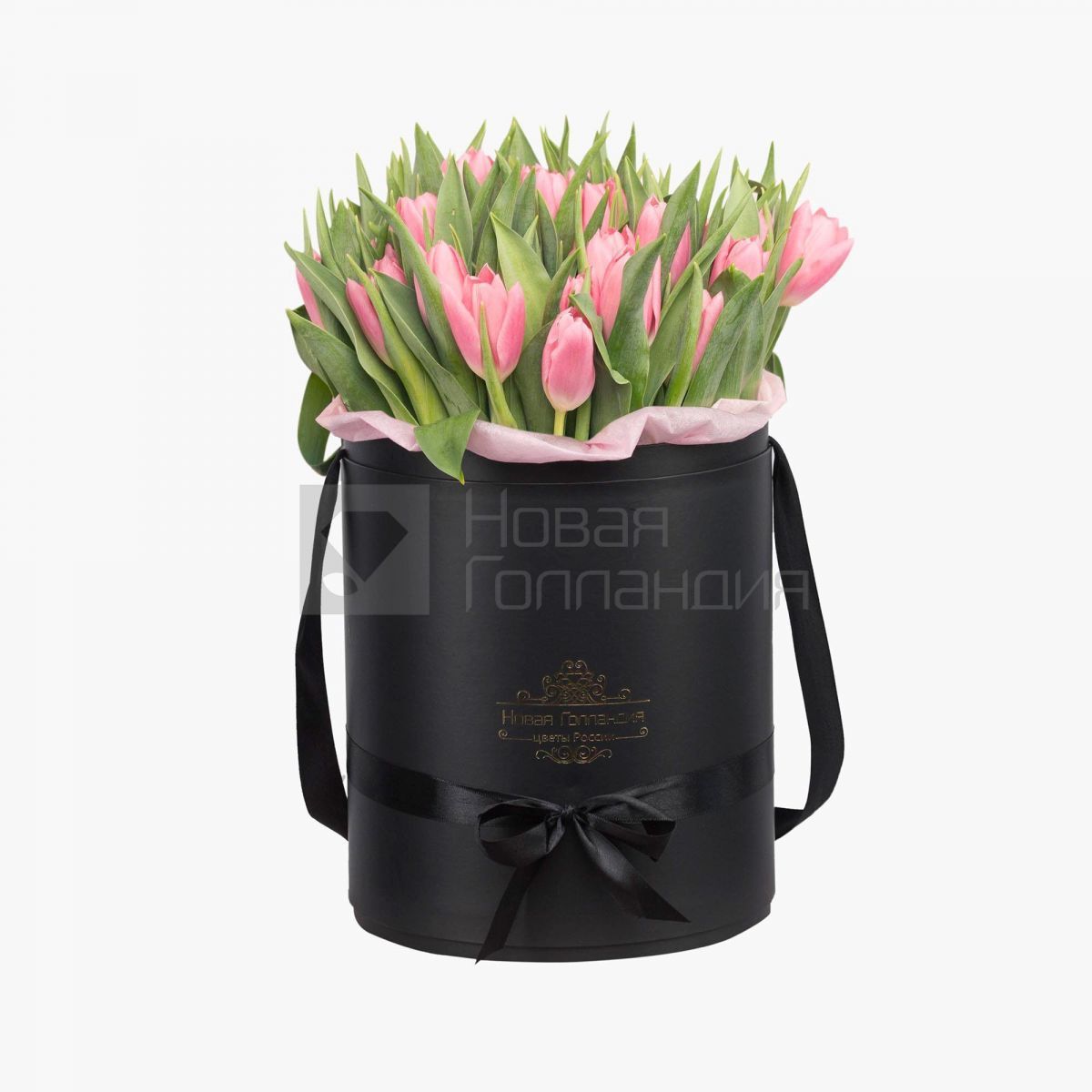 59 розовых тюльпанов в большой черной шляпной коробке №530