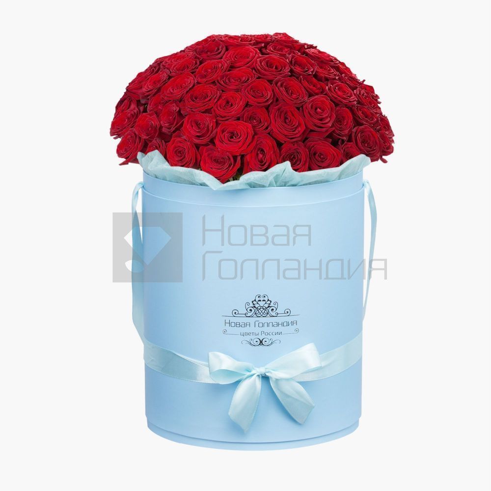 51 роза Премиум Эквадор в голубой шляпной коробке №607