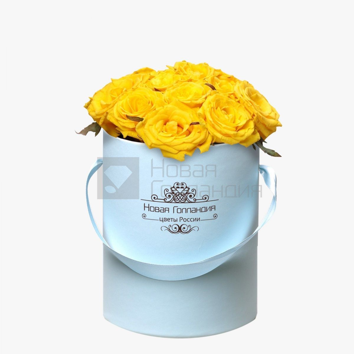 15 желтых роз в маленькой голубой шляпной коробке №285