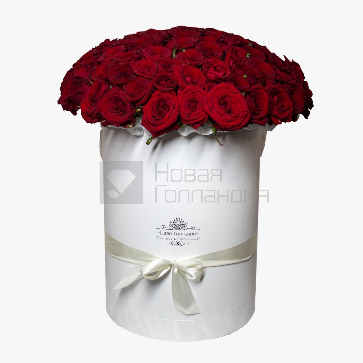 101 Красная роза в большой белой шляпной коробке №674