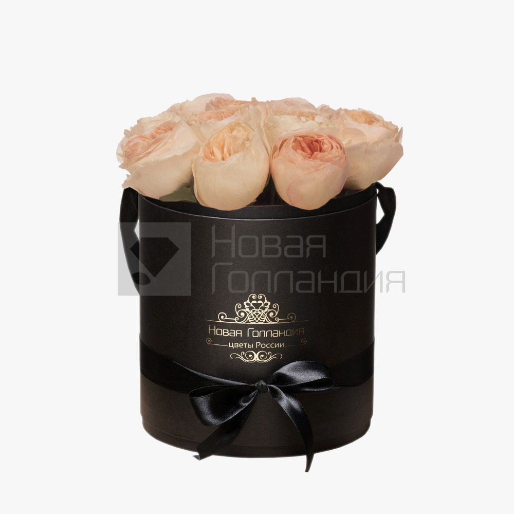 11 персиковых пионовидных роз Премиум в черной шляпной коробке №364