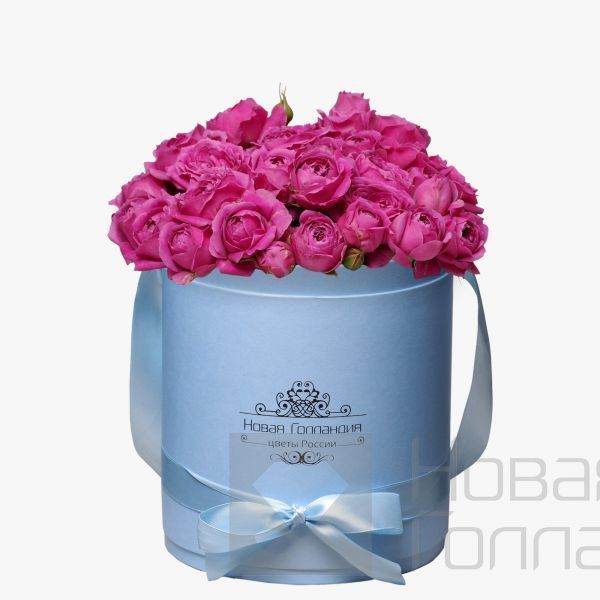 11 розовых кустовых пионовидных роз в голубой шляпной коробке №46
