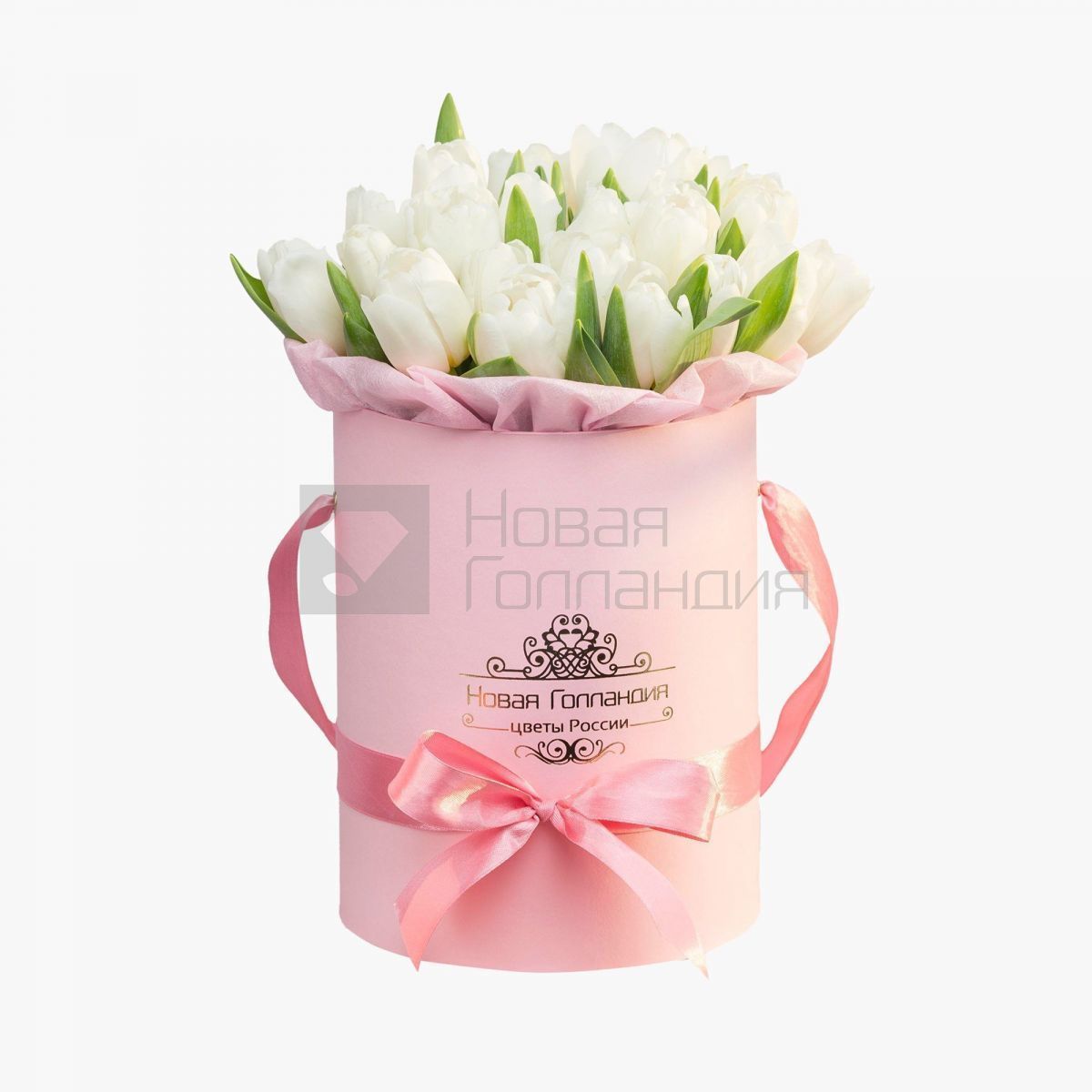 25 белых тюльпанов в розовой маленькой шляпной коробке №521