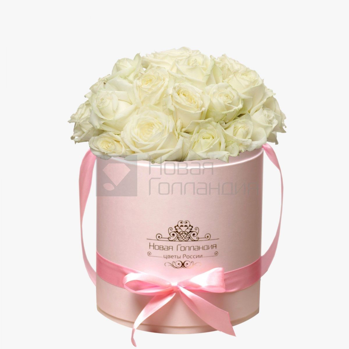 25 белых роз в розовой шляпной коробке №178