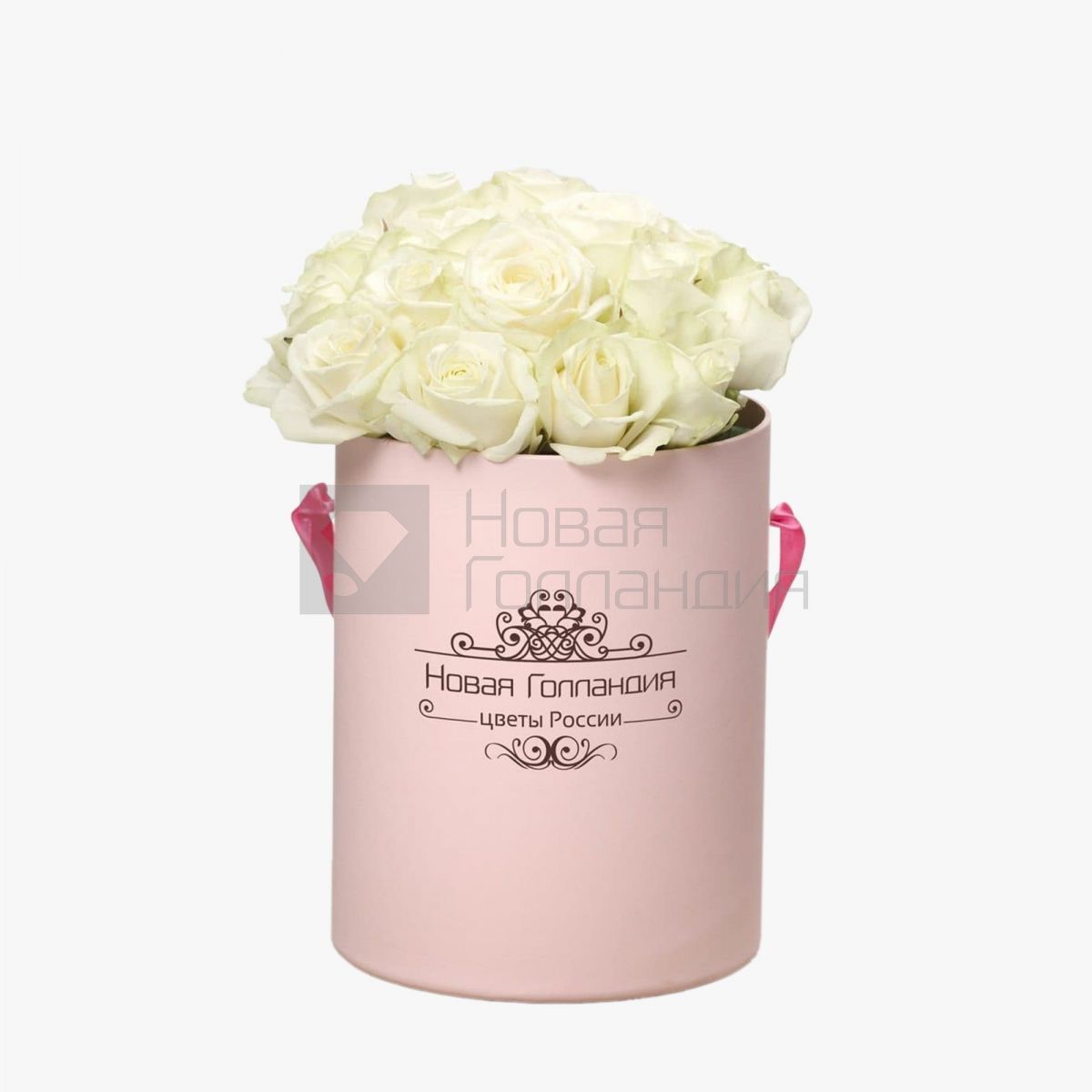 15 белых роз в маленькой розовой шляпной коробке №196