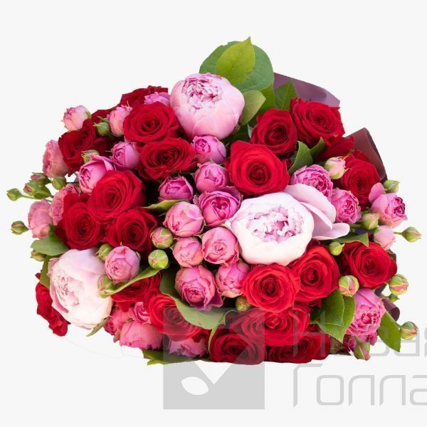 Букет из пионов и красных роз Радость любви