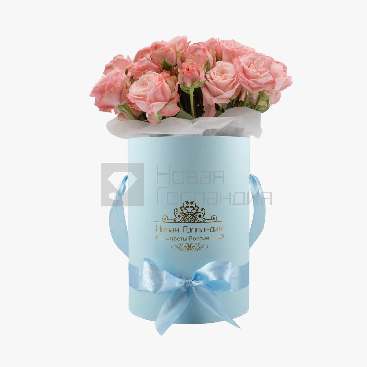9 розовых пионовидных роз в маленькой голубой шляпной коробке № 813 NEW