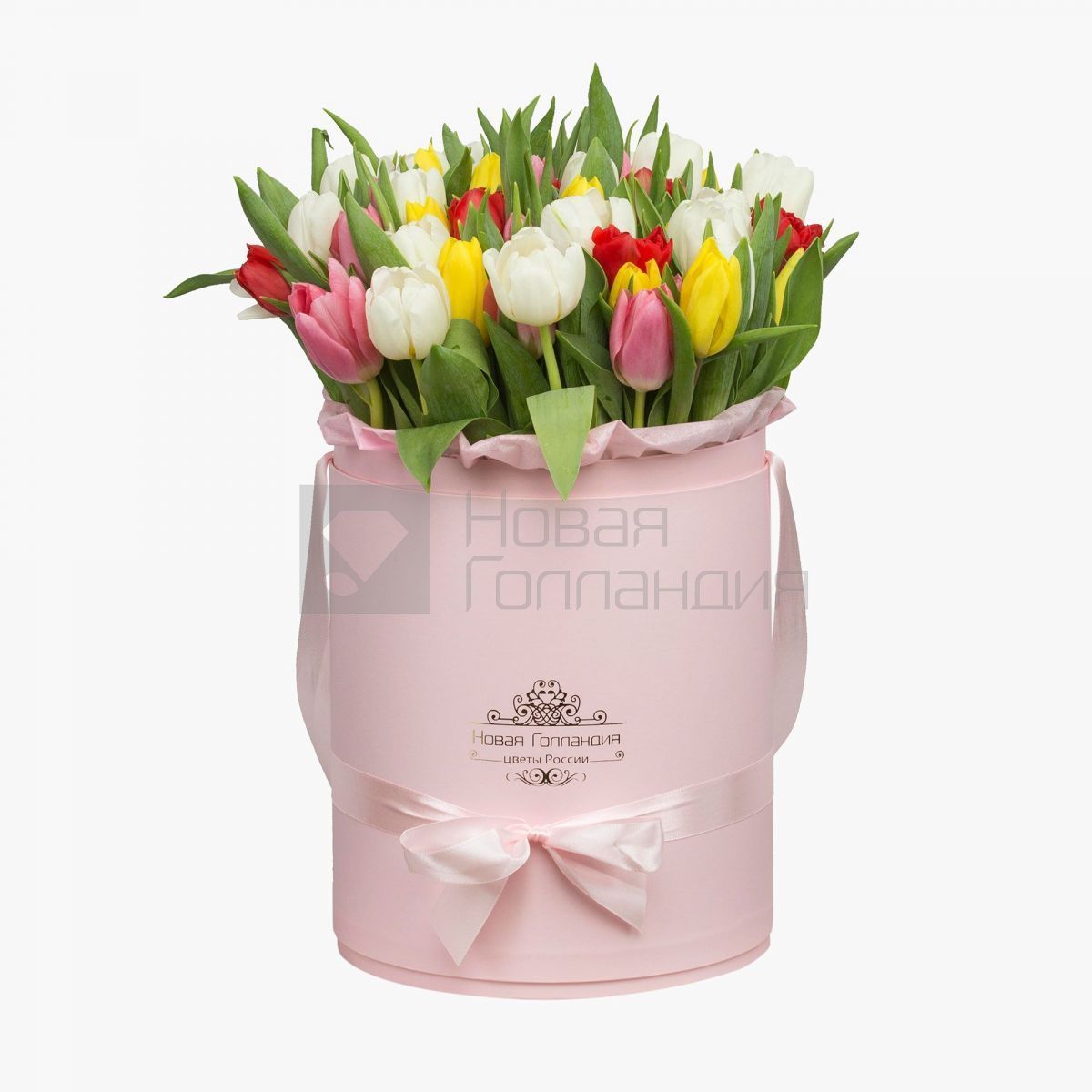 59 тюльпанов микс в большой розовой шляпной коробке №514