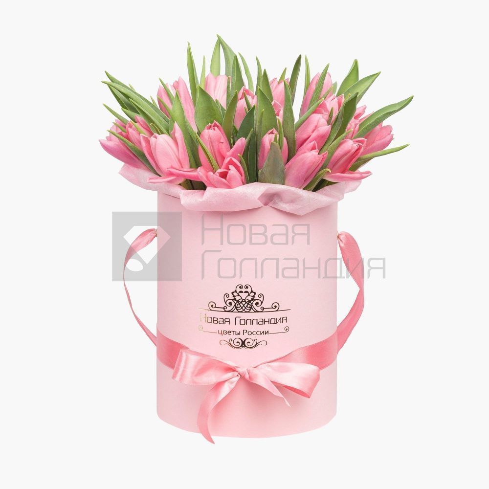 25 розовых тюльпанов в розовой маленькой шляпной коробке №527