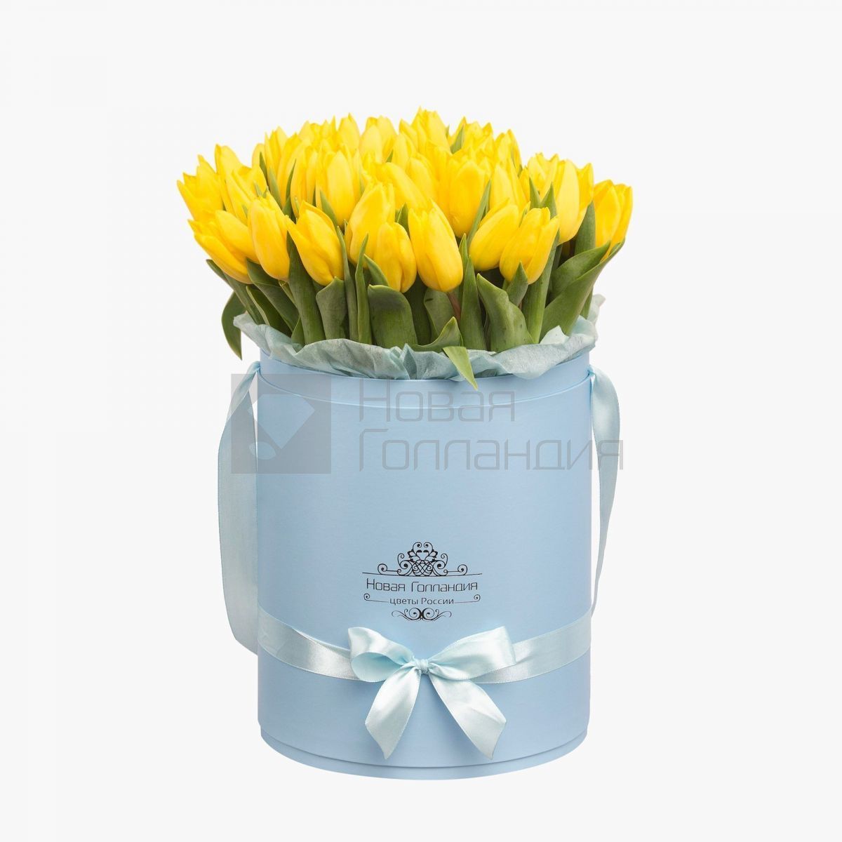 59 желтых тюльпанов в большой голубой шляпной коробке №529